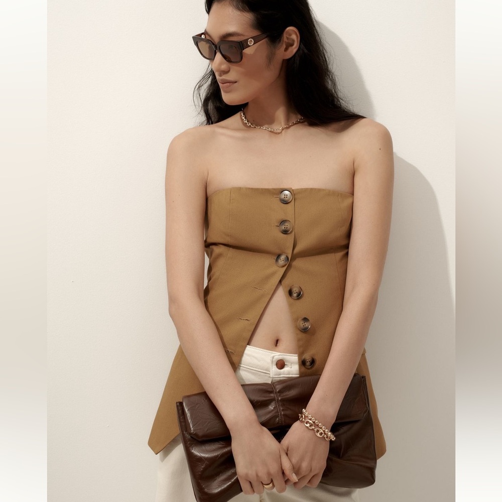 NWT Anthropologie Flat White Strapless Button-Front Linen Top in Honey Brown Tan